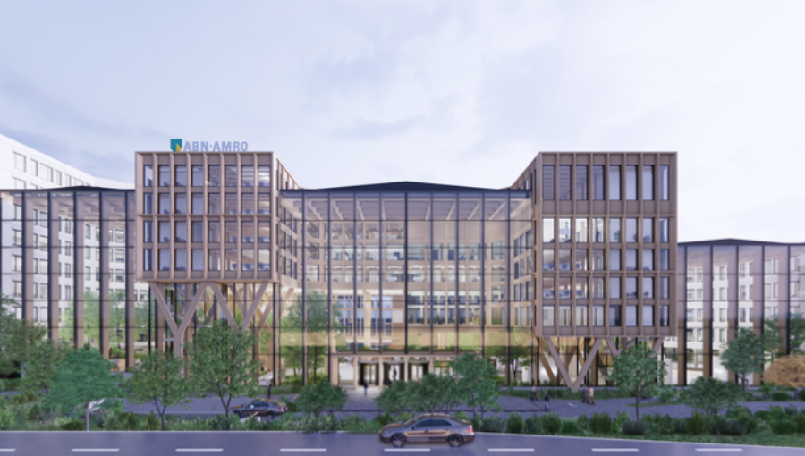 Impressie van het nieuwe ABN AMRO hoofdkantoor in Amsterdam, een energiezuinig en circulair gebouw met moderne architectuur.