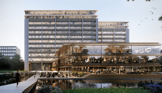 Modern kantoorgebouw Rembrandt Park One in Amsterdam met glazen gevels, groen en een waterpartij, ontworpen voor een duurzame werkomgeving.