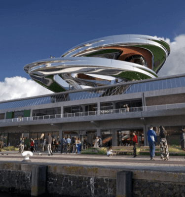 FENIX Rotterdam, een gerenoveerd havengebouw met een modern uitkijkplatform, ontworpen als cultureel en architectonisch icoon.