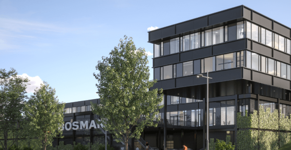 Het nieuwe pand van Bosman Installatietechniek, een modern gebouw met veel glas en groen langs de snelweg A1.