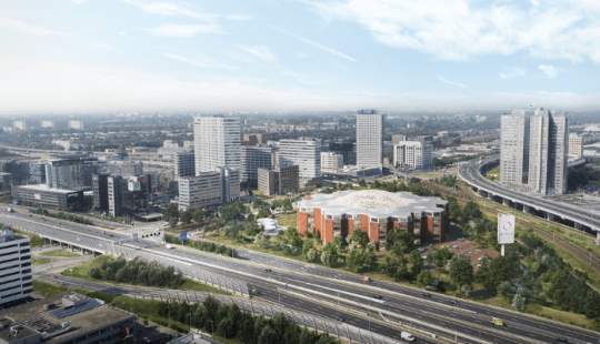 EDGE Amsterdam West, een duurzaam gerenoveerd kantoorgebouw met een opvallend glazen dak, energiezuinige installaties en een groene omgeving in Amsterdam.