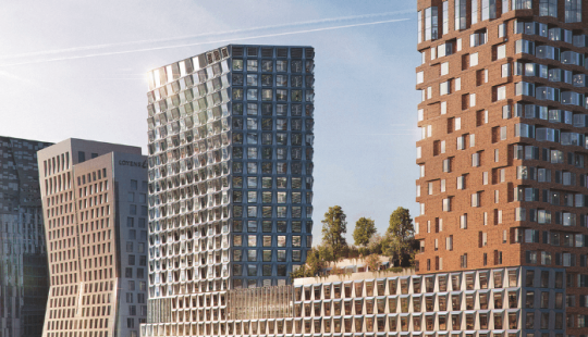 The Pulse in Amsterdam, een duurzaam mixed-use gebouw met woon- en kantoorruimtes.