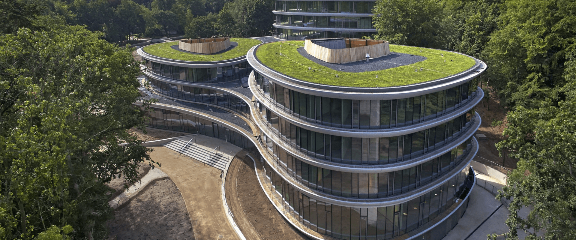 Triodos Bank in Driebergen-Rijsenburg, een circulair en duurzaam kantoor met organische vormen, grote glazen gevels en groene daken, omgeven door natuur.
