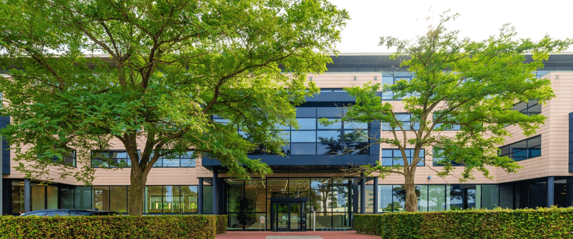 Voorgevel van een modern kantoorpand met grote glaspartijen en groene bomen op de voorgrond.