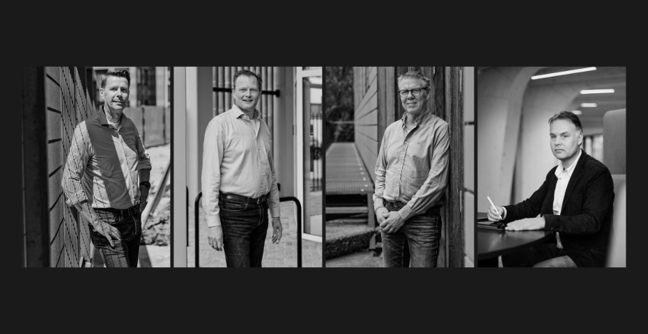 Zwart-wit portretten van vier mannelijke professionals in diverse kantoor- en buitenomgevingen, met een representatieve en zakelijke uitstraling.