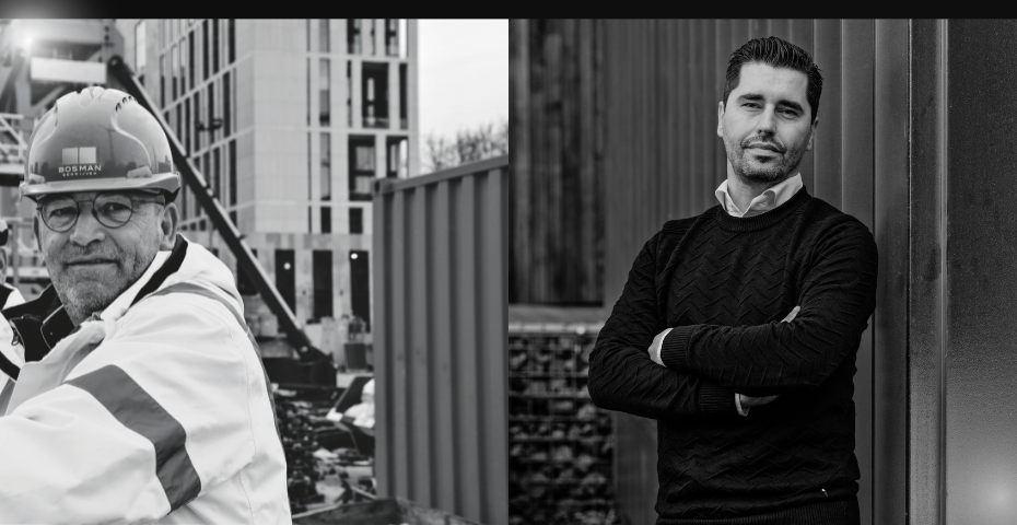 Twee Bosman-medewerkers: een projectmanager op de bouwplaats en een projectleider E op kantoorlocatie.